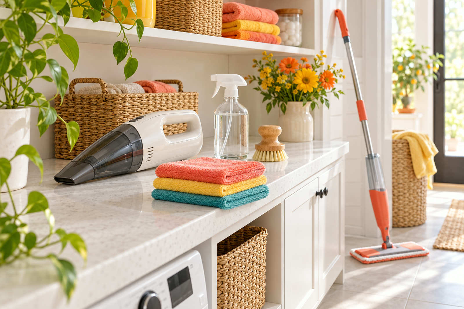 Bright utility room with a cordless handheld vacuum, a spray mop, folded colorful microfiber cloths, a glass spray bottle and a woven basket