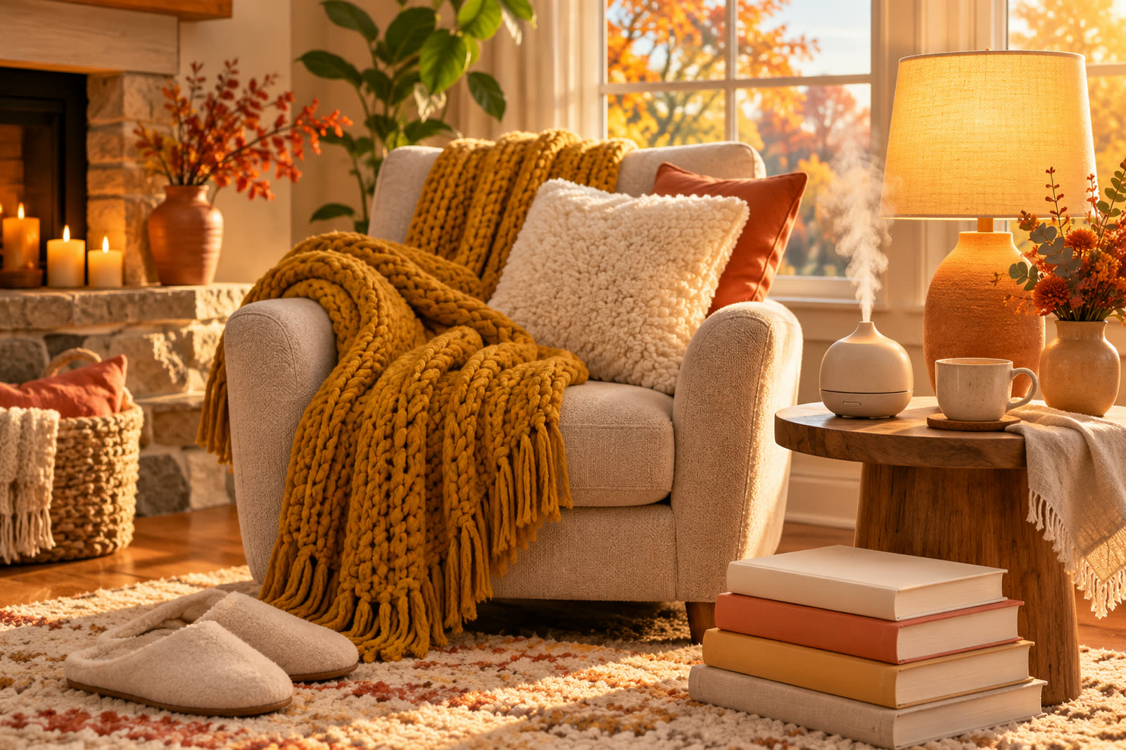 Cozy autumn living room corner with a mustard chunky knit throw on an armchair, a glowing lamp, a diffuser, a mug of tea, plain books and wool slippers