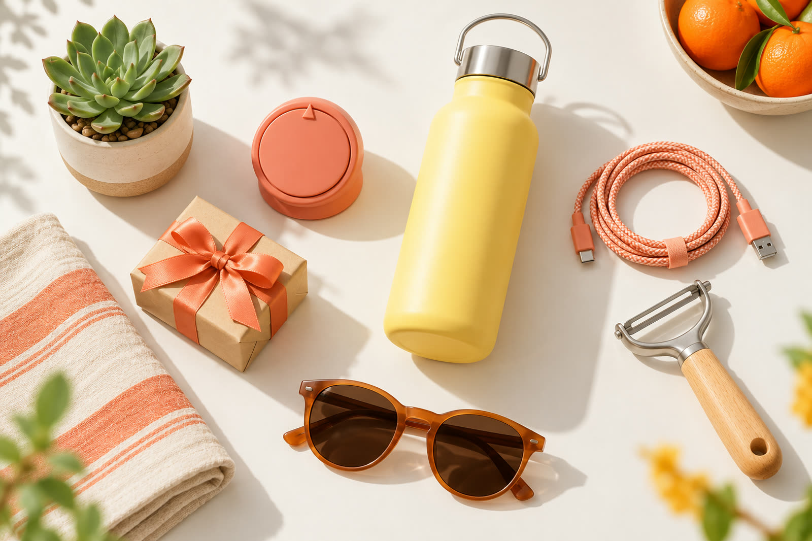 Overhead flat-lay of cheerful everyday finds: a coral timer, a yellow water bottle, a braided cable, a succulent, a peeler, sunglasses and a small gift box