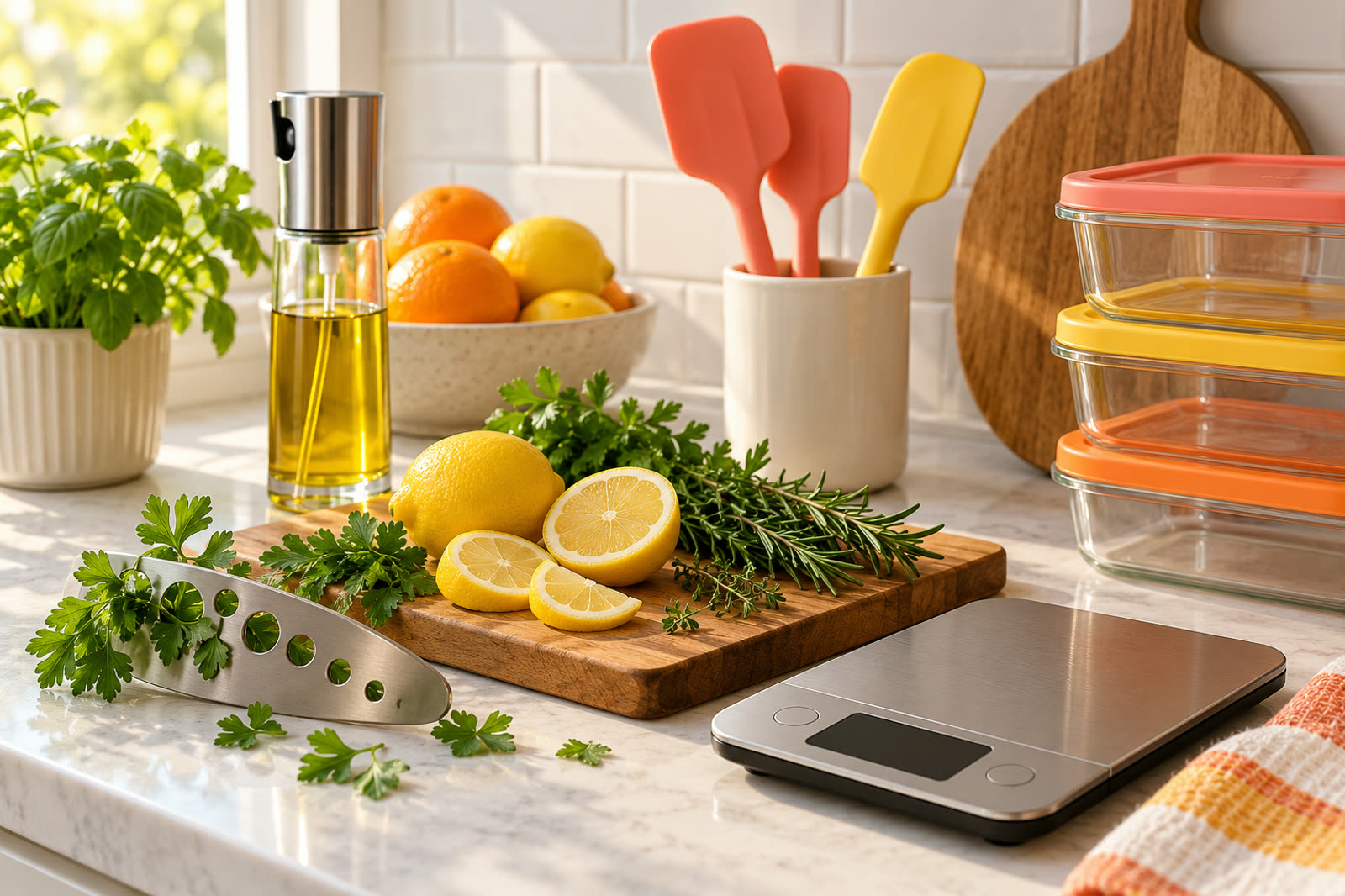 Sunny kitchen counter with coral and yellow silicone spatulas, a glass oil sprayer, a kitchen scale and a cutting board with lemons and herbs