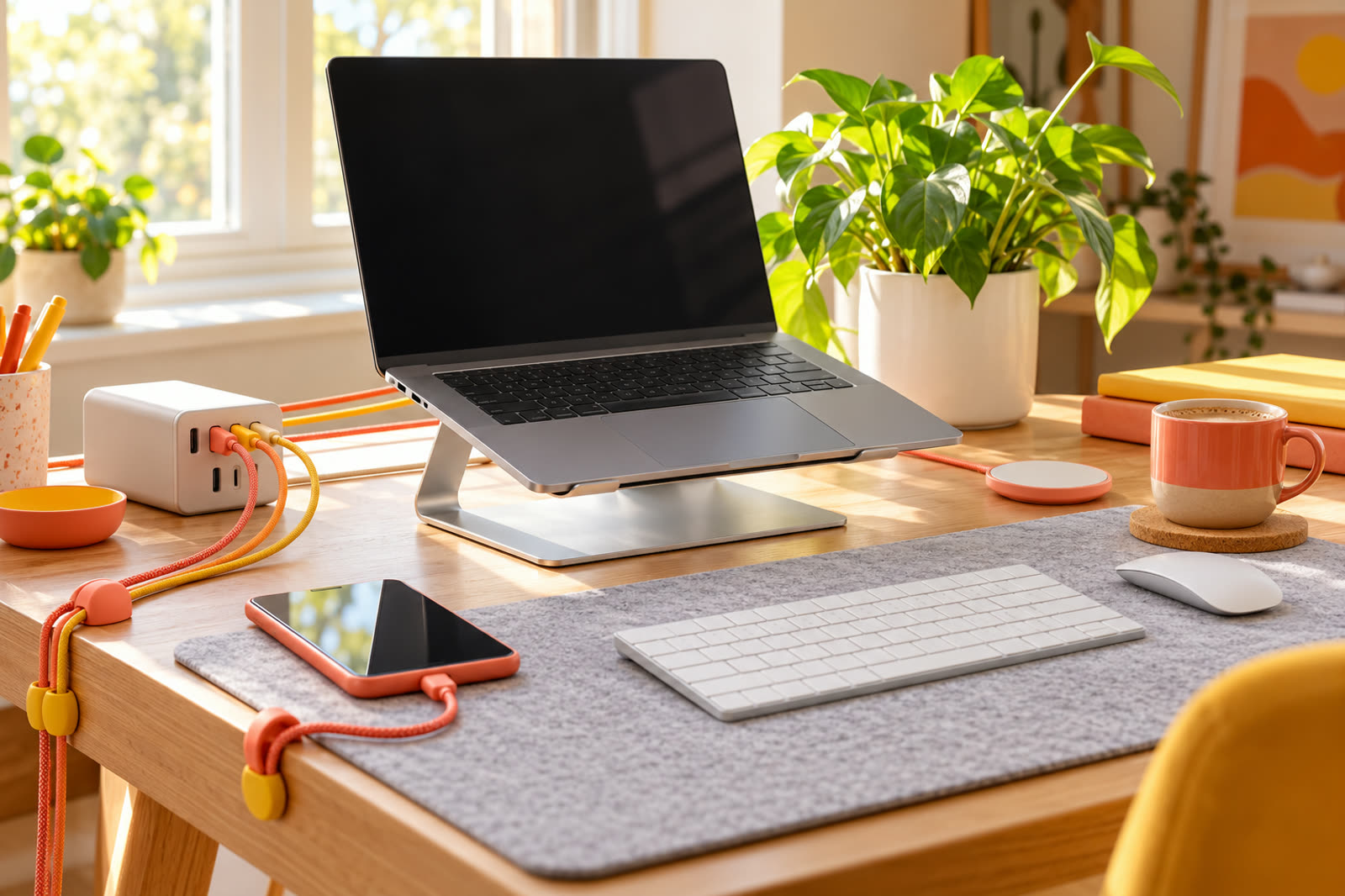 Bright home office desk with a laptop on an aluminum stand, a multi-port charger, coral and yellow braided cables in cable clips, a wireless charging pad and a felt desk mat